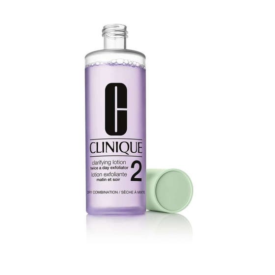 Clinique Clarifying Lotion 2 450 ml eksfolierende ansigtsvand i klar flaske med lilla væske og lysegrønt låg