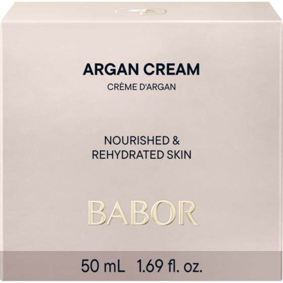 Babor Argan Cream 50 ml nærende ansiktskrem i hvit ytteremballasje som virker fuktighetsgivende og glattende.