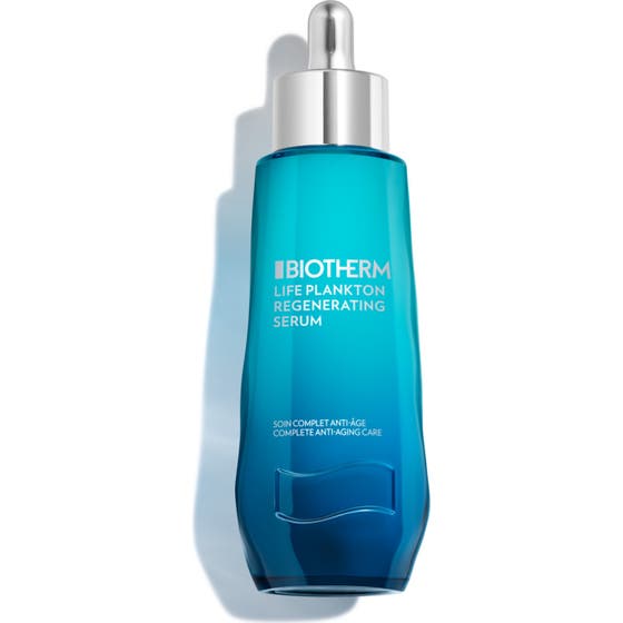 Biotherm Life Plankton Regenerating Serum fornyende ansiktsserum i blå gradert glassflaske med sølvfarget pumpe