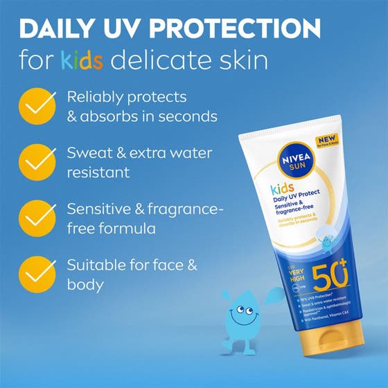 Nivea Kids Daily UV Protect SPF50+ 100 ml solkräm ger skydd för känslig hud i en tub med text om vattenresistens.