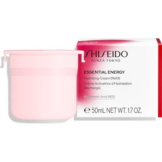 Shiseido Essential Energy Hydrating Cream 50ml kosteuttava kasvovoide täyttöpakkaus vaaleanpunainen astia ja valkoinen kotelo