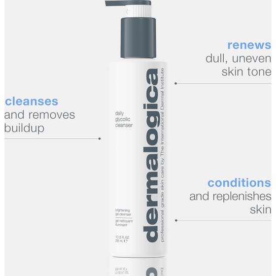 Dermalogica Daily Glycolic Cleanser 150 ml kirkastava puhdistusgeeli jota pumpataan valkoisesta pullosta kädelle.