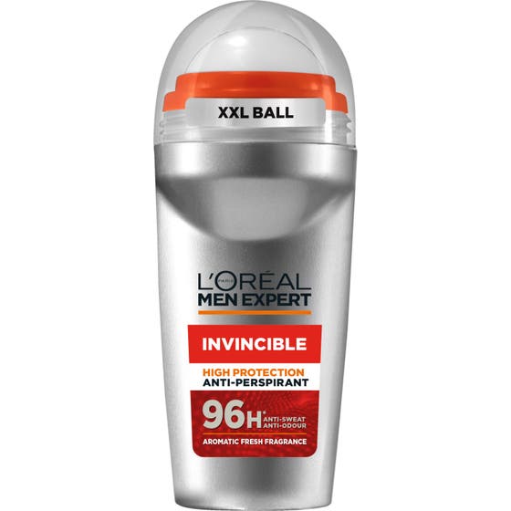 L'Oréal Men Expert Invincible 50 ml antiperspirant gir 96t beskyttelse i sølvfarget roll-on med oransje detaljer.