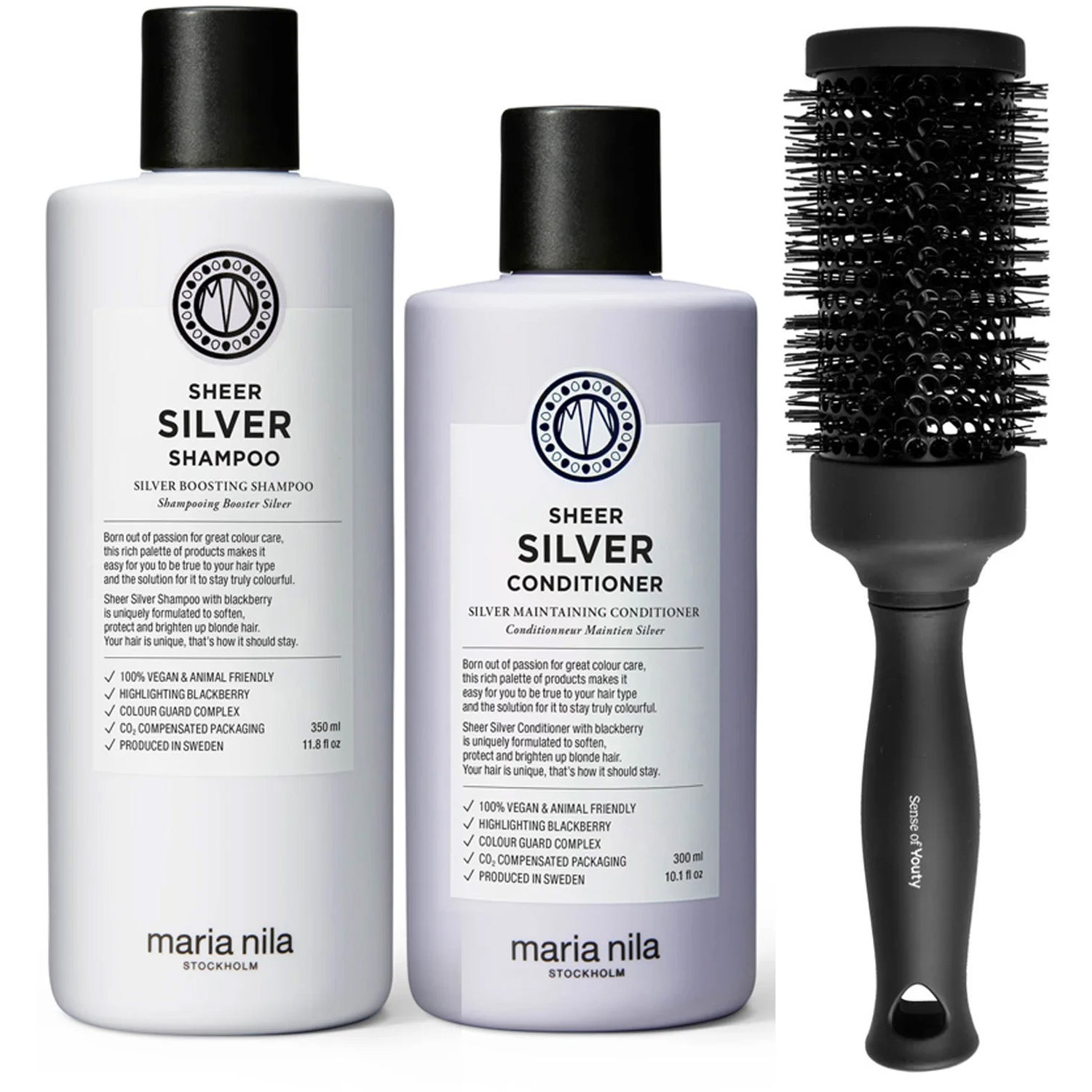 Maria Nila Sheer Silver Set Shampoo 350ml, Conditioner 300ml & Blowout Brush - 650 ml