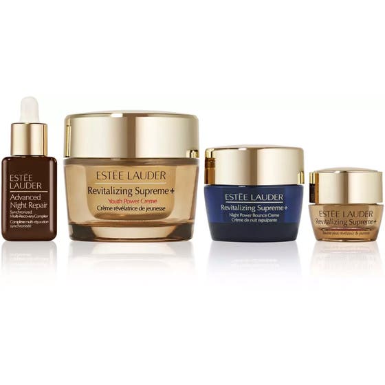 Estée Lauder Supreme + Moisture Value Set kosteuttava ihonhoitosetti ruskea seerumi ja kultaisia sekä sinisiä voidepurkkeja