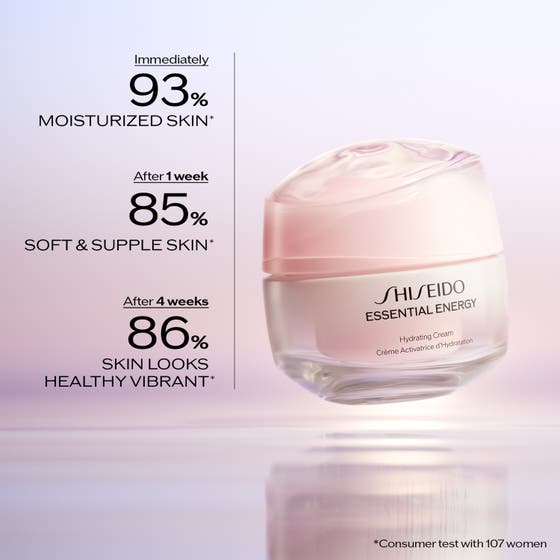 Shiseido Essential Energy Hydrating Cream 50 ml ansiktskräm för djup återfuktning applicerad på en kvinnas kind