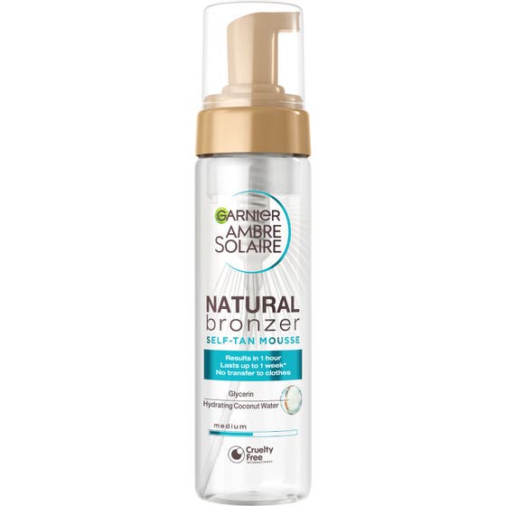 Garnier Ambre Solaire Natural Bronzer Self-Tan Mousse 200ml fugtgivende selvbruner i klar flaske med guldpumpe