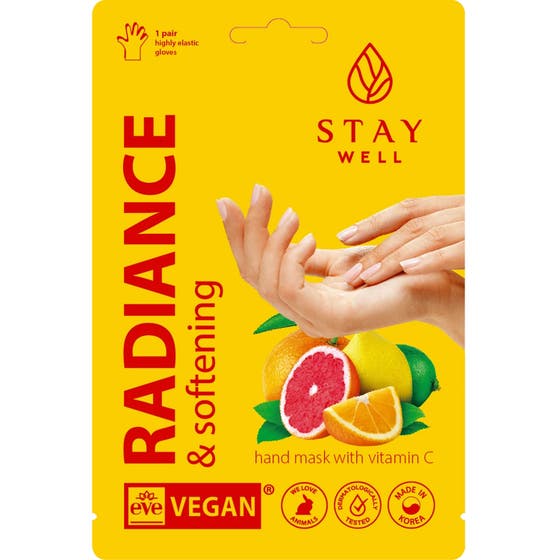 STAY Well Hand Mask Radiance & Softening 1 par mjukgörande handmask med vitamin C i rosa förpackning med citrusfrukter