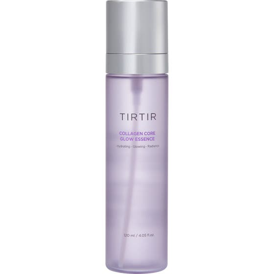 Tirtir Collagen Core Glow Essence 120 ml heleyttävä hoitoneste liilassa pullossa hopeisella korkilla.