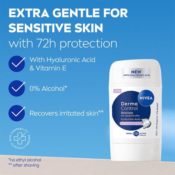 NIVEA Antiperspirant Deo Stick Derma Control 50 ml ger 72h skydd för känslig hud med hyaluronsyra och vitamin E.