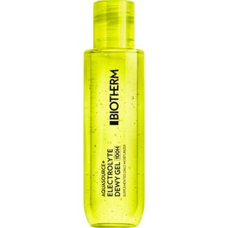 Biotherm Aquasource+ Electrolyte Dewy Gel 100H fugtgivende ansigtsgel i klar neongrøn flaske med små bobler.