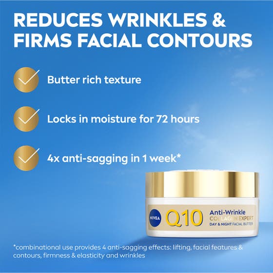 NIVEA Q10 Collagen Expert 50 ml återfuktande ansiktskräm mot rynkor i vit burk med guldfärgat lock.