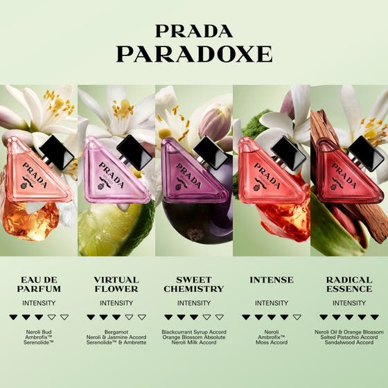 Prada Paradoxe 100ml refill damparfym i hög glasflaska bredvid staplade ikoniska triangelformade flaskor