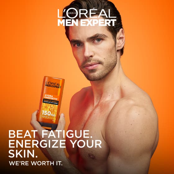 L'Oréal Paris Men Expert Hydra Energetic 300 ml oppfriskende dusjsåpe med en lys oransje og gjennomsiktig geltekstur