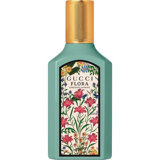 Gucci Flora Gorgeous Jasmine Eau de Parfum 50 ml parfyme i turkis glassflaske med blomstermotiv og gullfarget kork