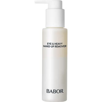 Babor Eye & Heavy Make-up Remover makeupfjerner der fjerner vandfast makeup i hvid flaske med pumpe.