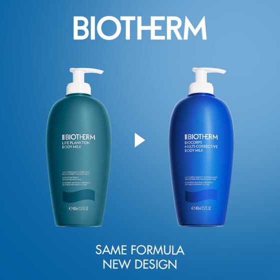Biotherm Biocorps Multi-Corrective Body Milk 400 ml fuktighetsgivende bodylotion i blå pumpeflaske med kremet tekstur
