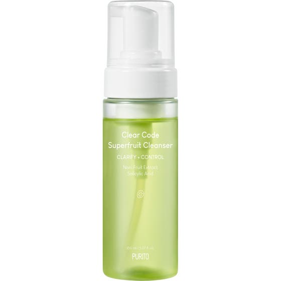 Purito Clear Code Superfruit Cleanser 150 ml rensegel med salicylsyre i en lysegrøn gennemsigtig plastflaske med pumpe