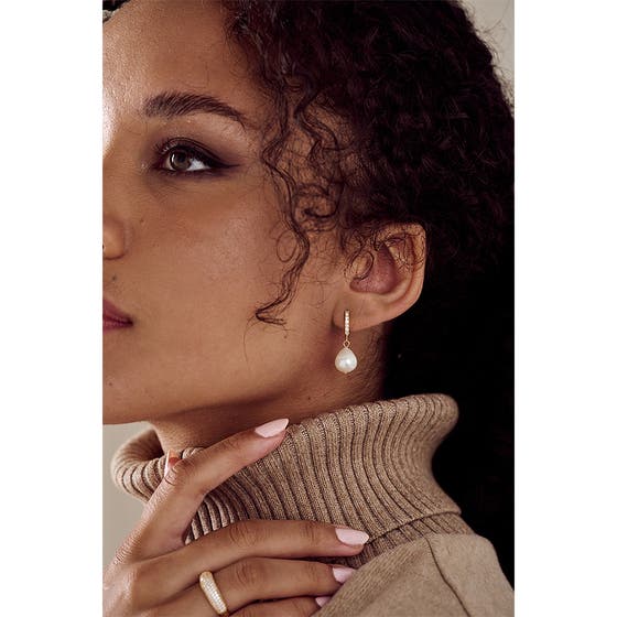 Pearl Drop Pave Hoop Earrings