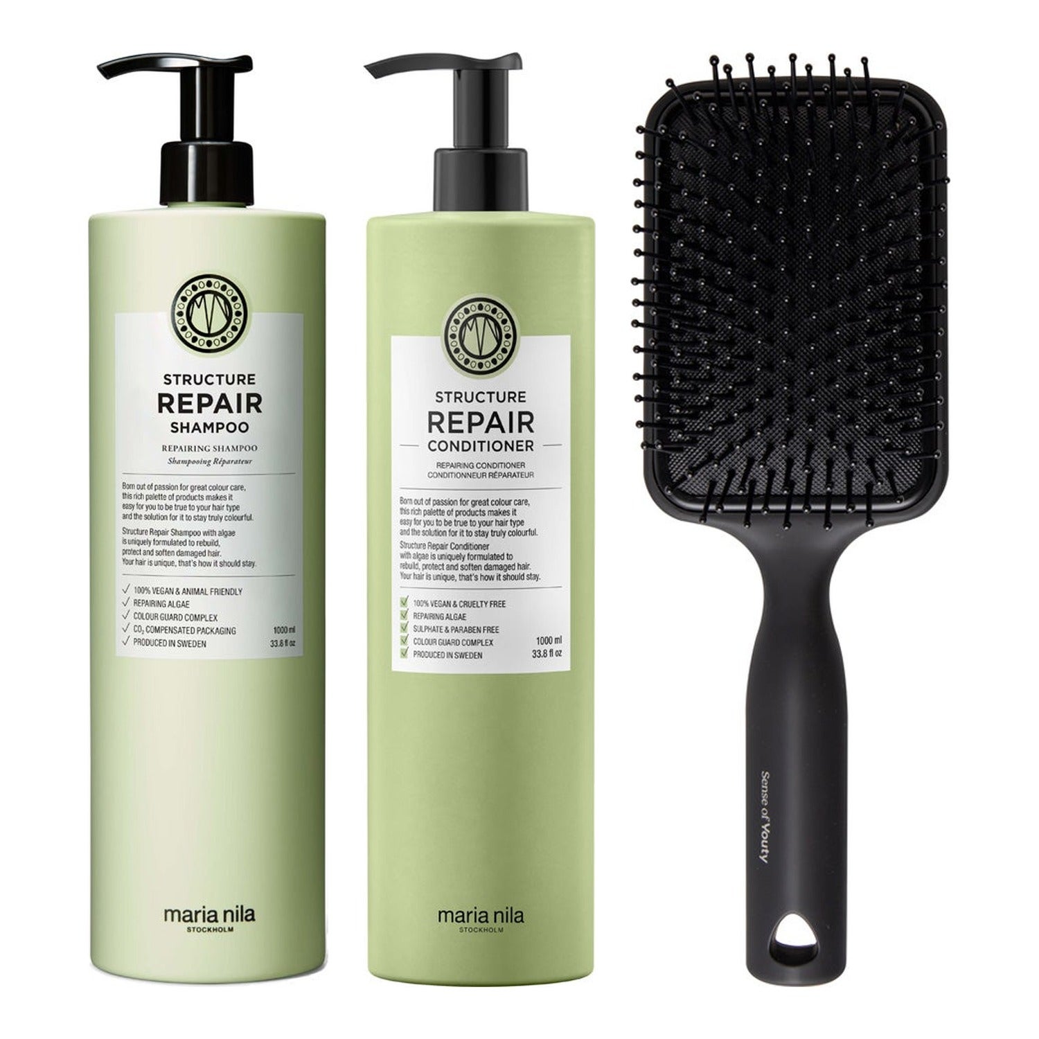 Maria Nila Repair & Detangle Hair Care Set Shampoo 1000 ml & Conditioner 1000 ml & Paddle Brush