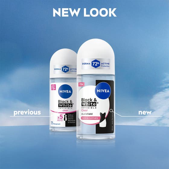 NIVEA Black & White Original Roll On 50 ml deodorant mot merker vist med kvinne med løftet arm og tekst om alkoholfri.