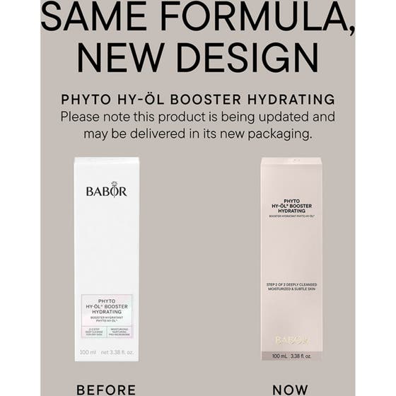 Babor Phyto HY-ÖL Booster Hydrating 100 ml fuktgivende ansiktsrens i ny hvit pumpeflaske ved siden av den gamle.