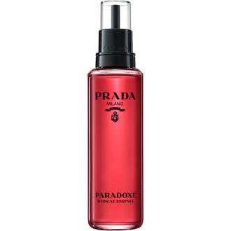 Prada Paradoxe Radical Essence 100ml refill parfym i en genomskinlig glasflaska med rosa vätska och svart munstycke