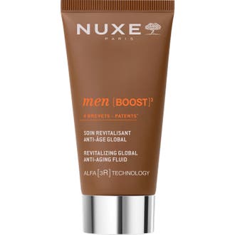 Nuxe Men Boost Revitalizing Global Anti-Aging Fluid 50ml ger huden ny energi i en brun tub med silverlock.