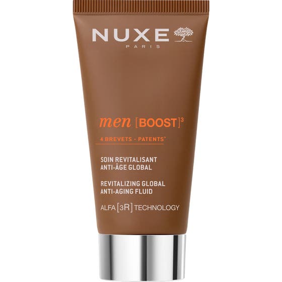 Nuxe Men Boost Revitalizing Global Anti-Aging Fluid revitaliserende ansiktskrem i brun tube med sølvfarget kork