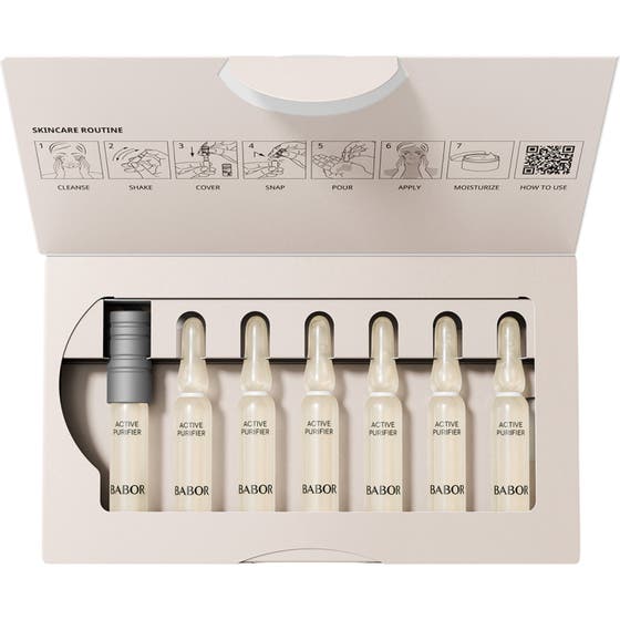 Babor Ampoule Active Purifier 14 ml puhdistava seerumi epäpuhtauksille avatussa pakkauksessa jossa on seitsemän ampullia
