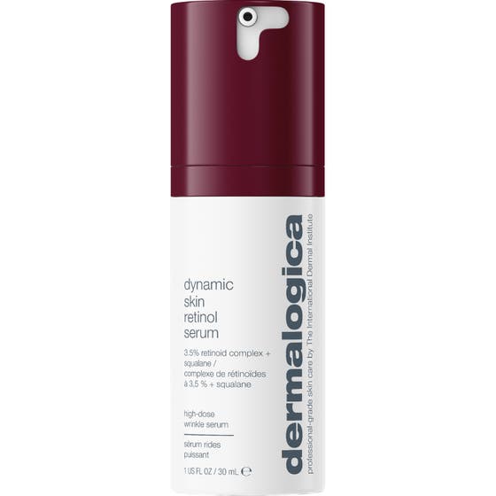 Dermalogica Dynamic Skin Retinol Serum 30 ml mot rynker i hvit sylindrisk beholder med burgunderfarget kork
