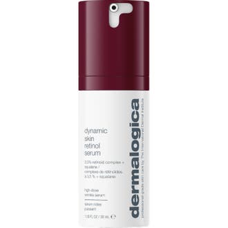 Dermalogica Dynamic Skin Retinol Serum 30 ml mot rynker i hvit sylindrisk beholder med burgunderfarget kork