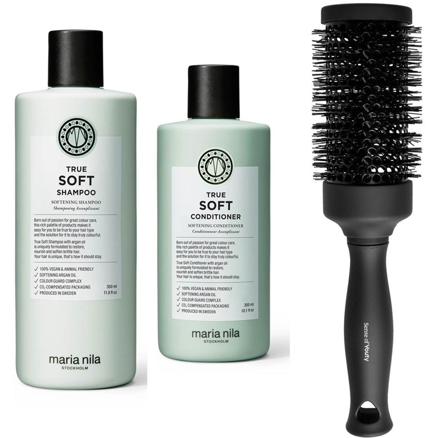 Maria Nila True Soft Set Shampoo 350 ml, Conditioner 300 ml & Blowout Brush