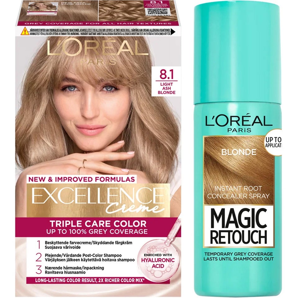 Excellence 8.1 Light Ash Blonde + Magic Retouch Roots 5 Blonde