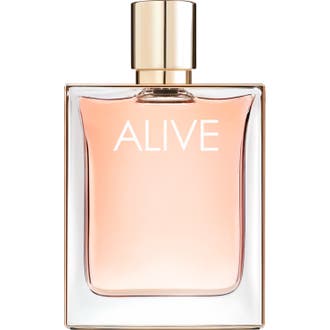 Hugo Boss Alive Eau de Parfum 80 ml i firkantet glasflakon med gyldne detaljer og sart rosa væske