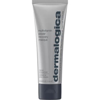 Dermalogica Multivitamin Power Recovery Masque reparerende ansiktsmaske i sølvfarget tube med lilla bånd og sort kork.