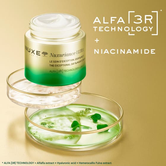 Nuxe Nuxuriance Ultra 75 ml anti-age dagkrem i grønn eske med tekst om niacinamid og vegansk formel.