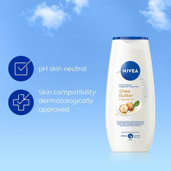 NIVEA Shea Butter & Botanical Oil 250 ml pleiende dusjsåpe i hvit flaske omgitt av sheanøtter og blader