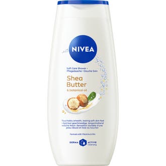 Nivea Shea Butter & Botanical Oil Care Shower 250 ml vårdande duschkräm i vit flaska med bild av sheanötter.