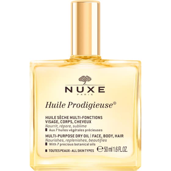 Nuxe Huile Prodigieuse 50 ml pleiende tørrolje som gir næring i en firkantet glassflaske med gullfarget kork