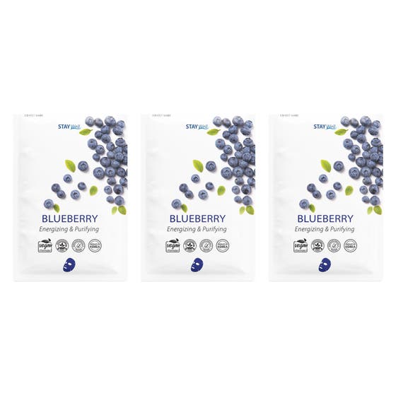Stay Well Blueberry Energizing & Purifying Sheet Mask 3 kpl elvyttävä kasvonaamio valkoisissa pusseissa mustikkakuvioilla