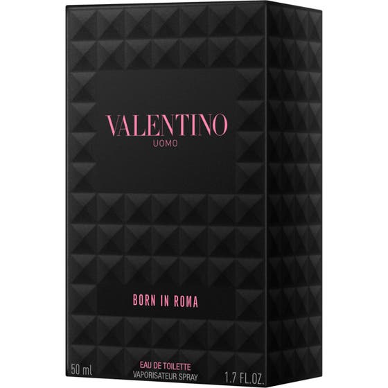 Valentino Born in Roma Uomo Eau de Toilette 50 ml herreparfyme i naglet glassflaske ved siden av sort eske