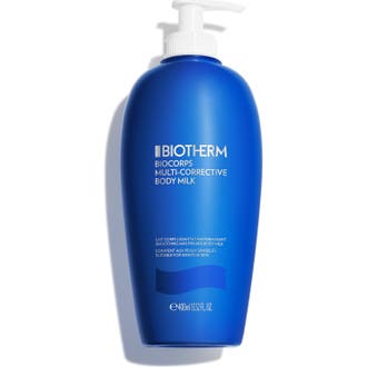 Biotherm Biocorps Multi-Corrective Body Milk 400ml opstrammende bodylotion i en blå flaske med hvid pumpe.