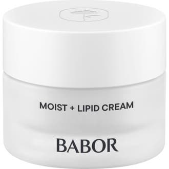 Babor Skinovage Moist + Lipid Cream fugtgivende ansigtscreme i en elegant hvid frostet glaskrukke.