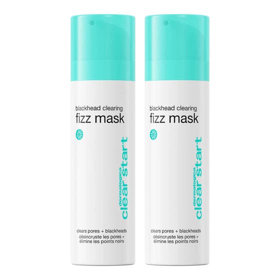 Dermalogica Clear Start Blackhead Clearing Fizz Mask ansigtsmaske mod hudorme i to hvide flasker med turkist låg