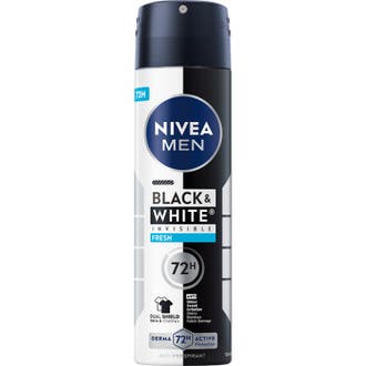 Nivea Men Black & White Invisible Fresh 150 ml herr deodorant spray 72 timmar ger anti-fläck skydd i svartvit sprayflaska.
