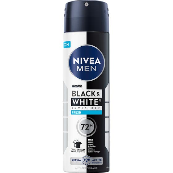 Nivea Men Black & White Invisible Fresh 150 ml antiperspirant spray mot flekker i en stilren sort og hvit flaske