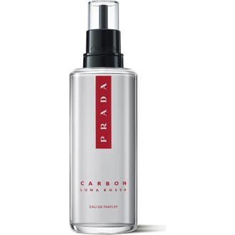 Prada Luna Rossa Carbon Eau de Parfum Refill 150 ml herreduft i klar glassflaske med rød logostripe og sort tut