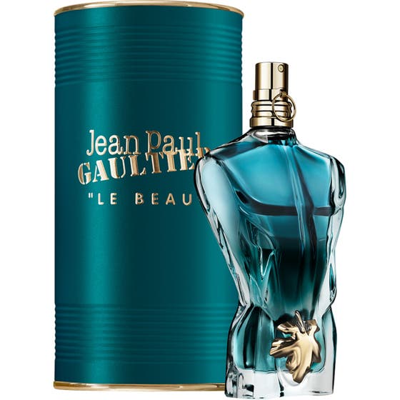 Jean Paul Gaultier Le Beau 125 ml herrparfym i torsoformad blågrön glasflaska med matchande plåtburk