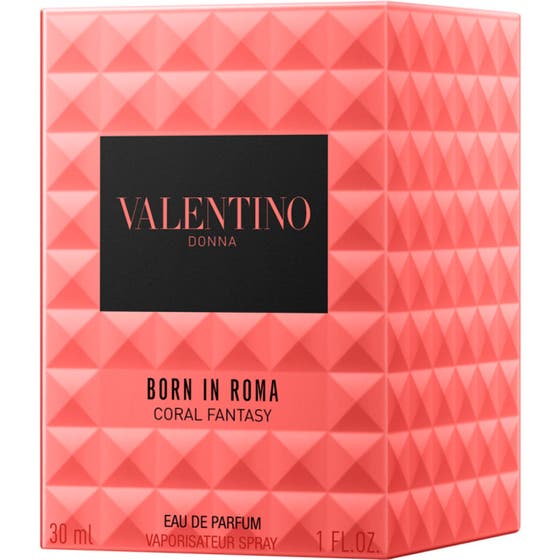 Valentino Born in Roma Donna Coral Fantasy Eau de Parfum 30 ml niittikuvioitu pullo ja korallinpunainen pakkaus